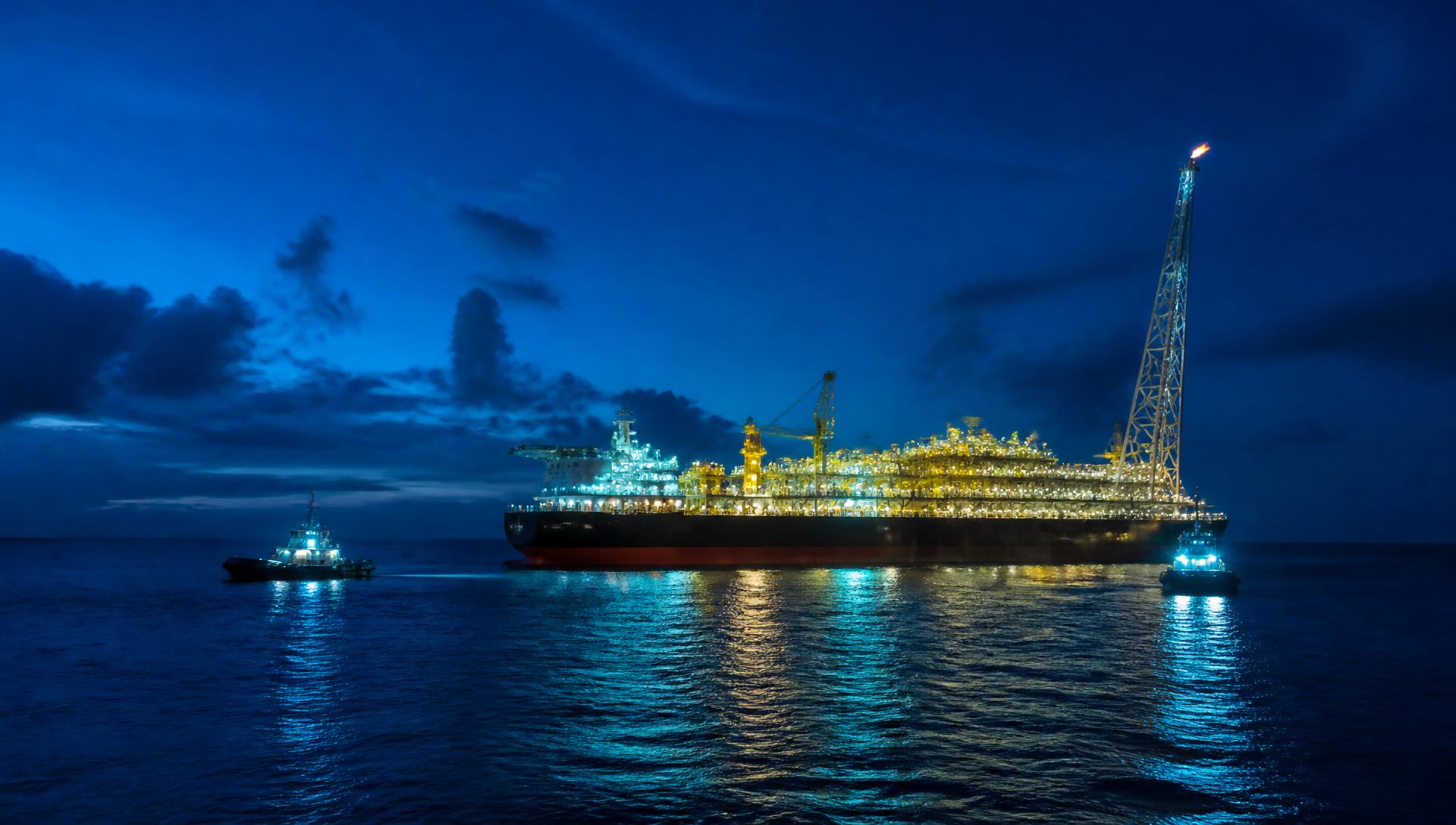 Offshore energy production vessel at blue hour